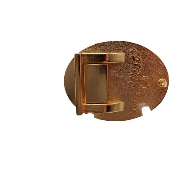 Vintage Von West USA Clock Belt Buckle Goldtone Analog Clock Art Steampunk